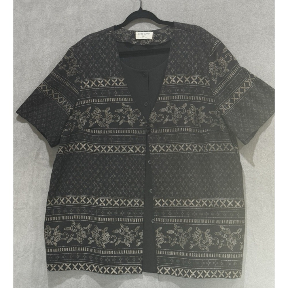 Alfred‎ Dunner Womens 22W Black Beige Floral Geometric Short Sleeve Blouse USA
